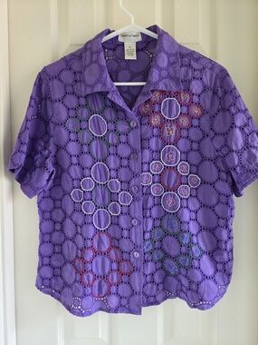 Draper's & Damon's Purple Eyelet Embroidered Button Up‎ Shirt Large Petite